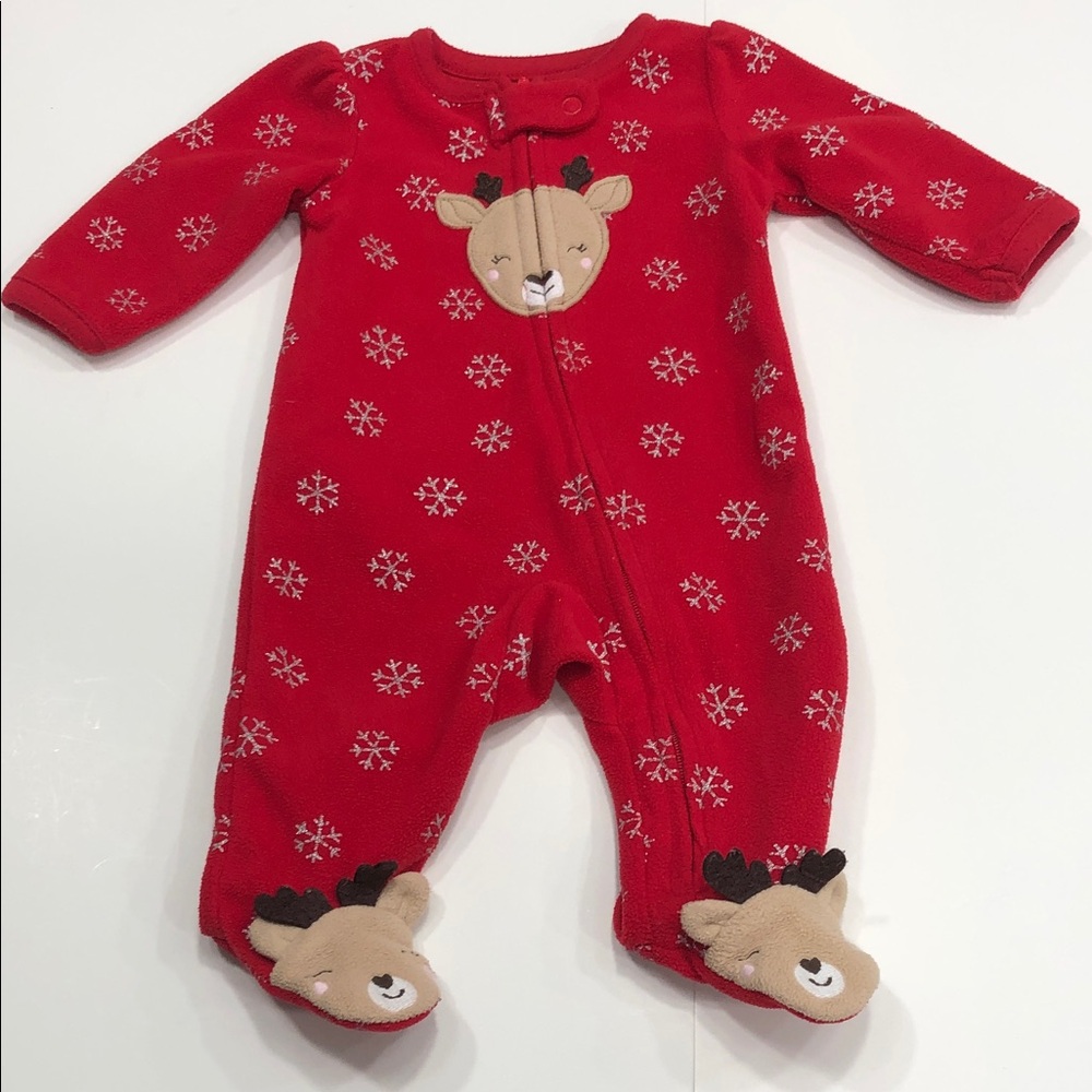 Carter's Red Footed Pyjama – Newborn – Silver Snowflakes & Reindeer Theme